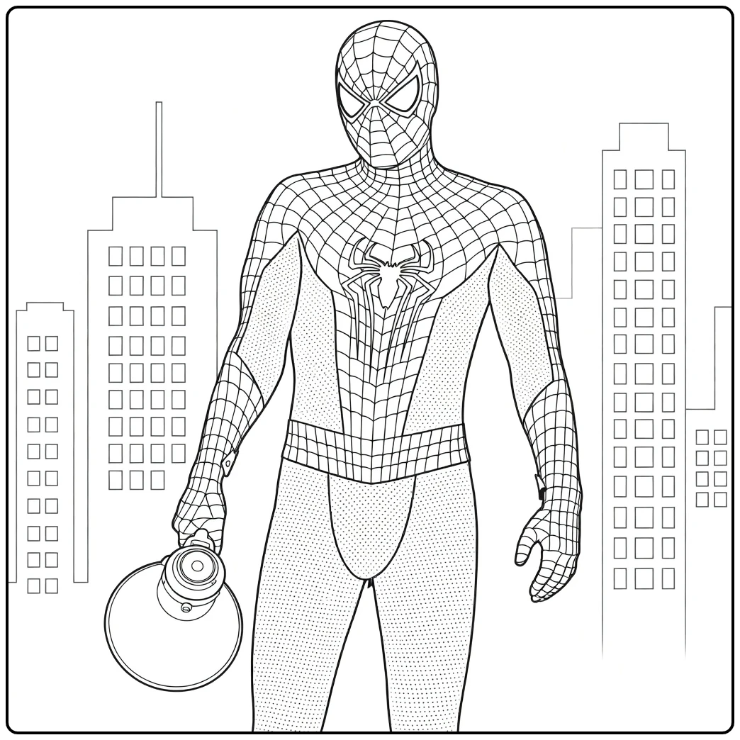 Spiderman Kleurplaat van een gemaskerde held in webpak met megafoon in de hand
