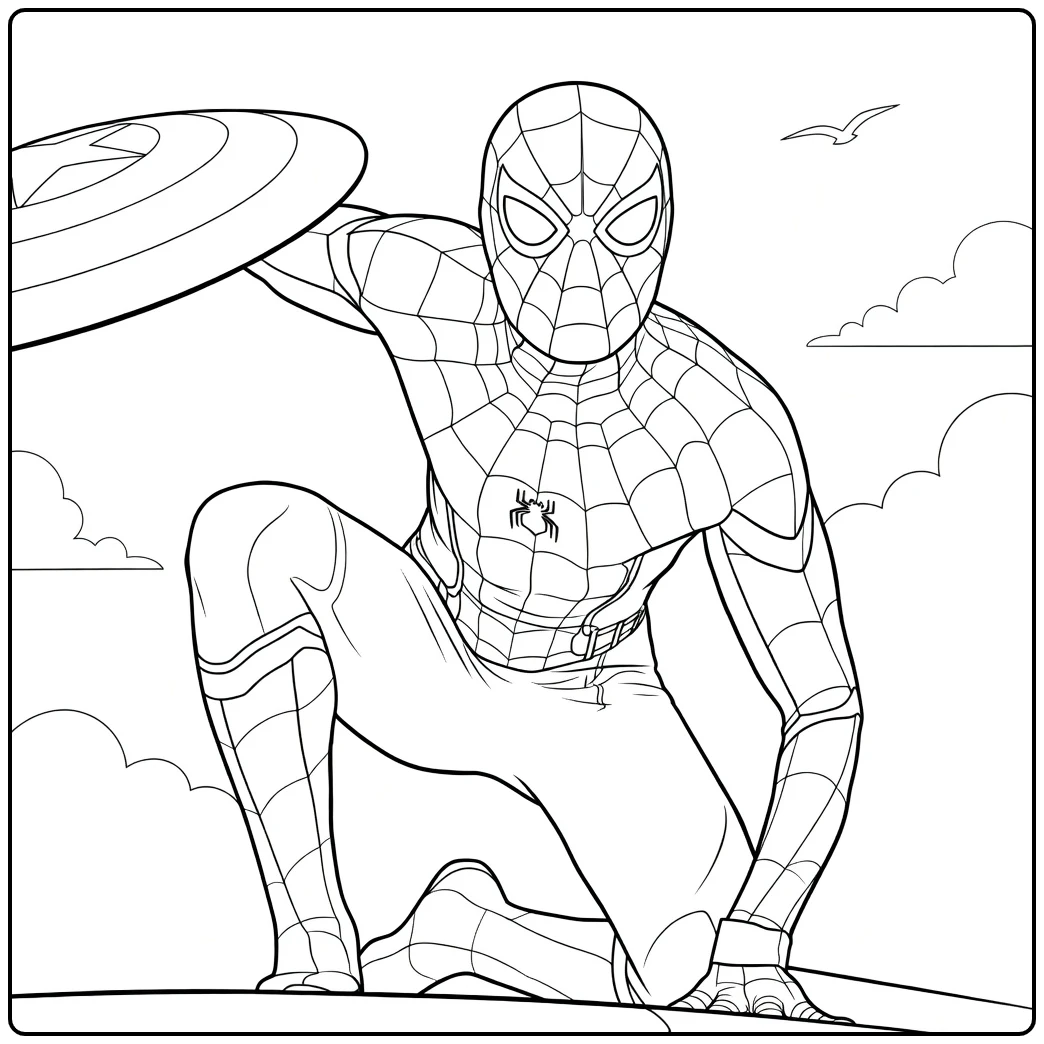 Spiderman Kleurplaat van een maskerheld met webpak die laag hurkt met schild