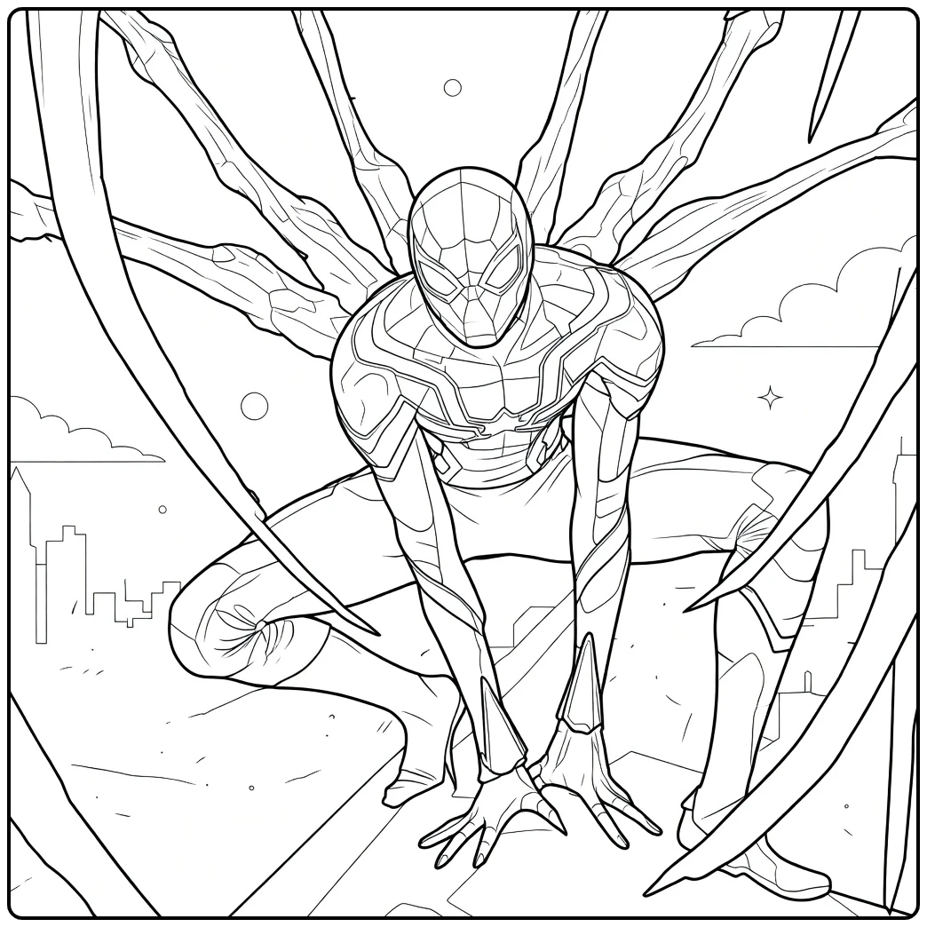 Spiderman Kleurplaat van een gemaskerde figuur die hurkt met uitgespreide mechanische tentakels boven een stad