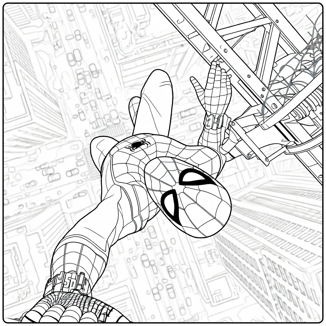 Spiderman Kleurplaat van een maskerfiguur die ondersteboven aan een gele balk hangt met stad op de achtergrond