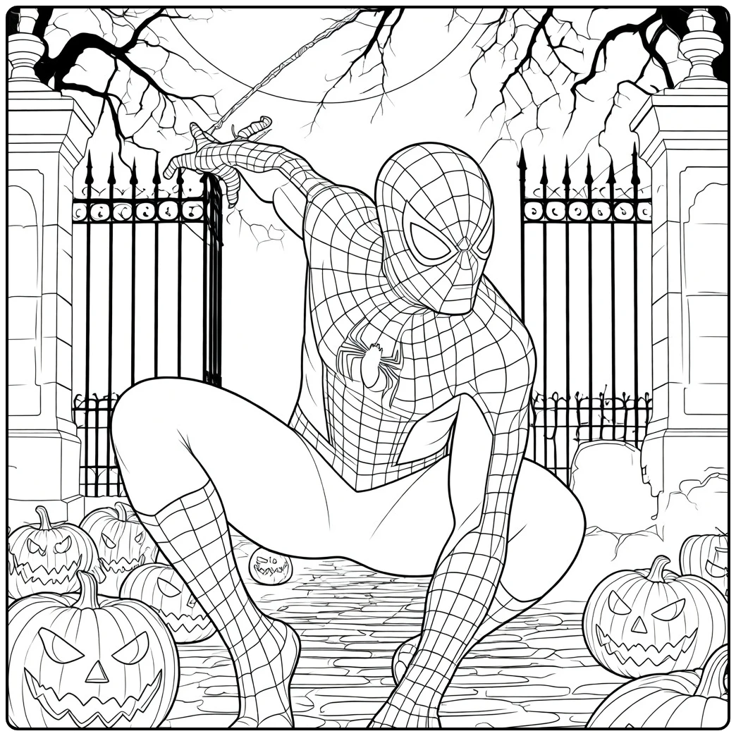 Spiderman Kleurplaat met een maskerfiguur in een spinpak die hurkend een web afschiet tussen pompoenen en een grote maan.