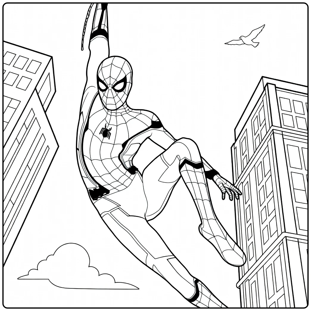 Spiderman Kleurplaat van een held in swingende pose met webstreng en stadsgebouwen op de achtergrond