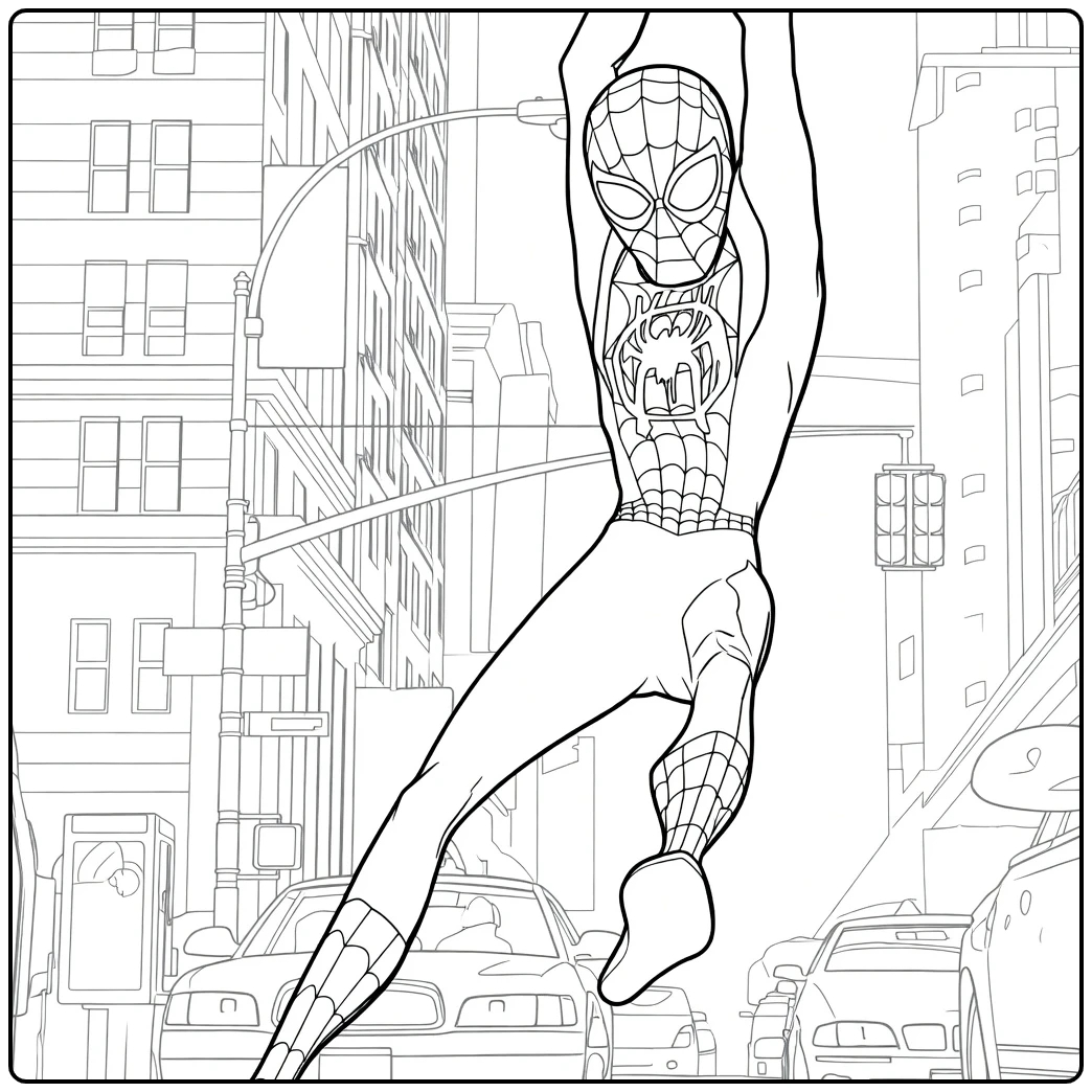 Spider Man Across the Spider Verse Kleurplaat met een gemaskerde held die dynamisch springt in een rood-blauw pak tussen gebouwen.