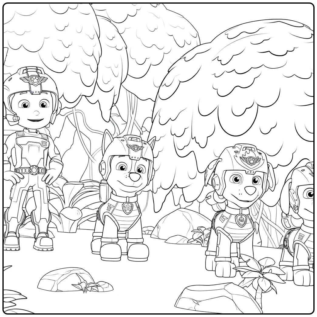 Paw Patrol Seizoen 10 Kleurplaat met een jongen en drie honden in pakken die poseren tussen bomen en rotsen