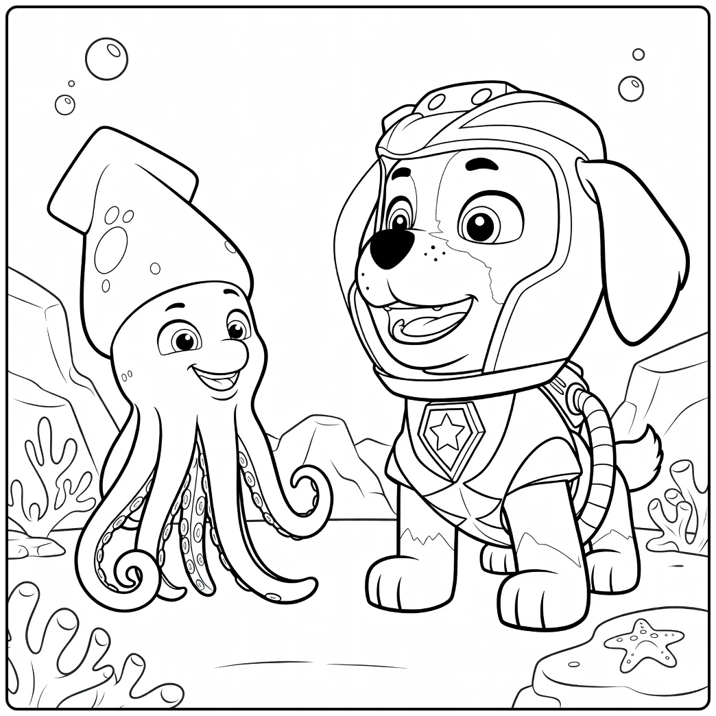 Paw Patrol Seizoen 9 Kleurplaat van een antropomorfe hond met helm en een inktvis met tentakels die elkaar aankijken
