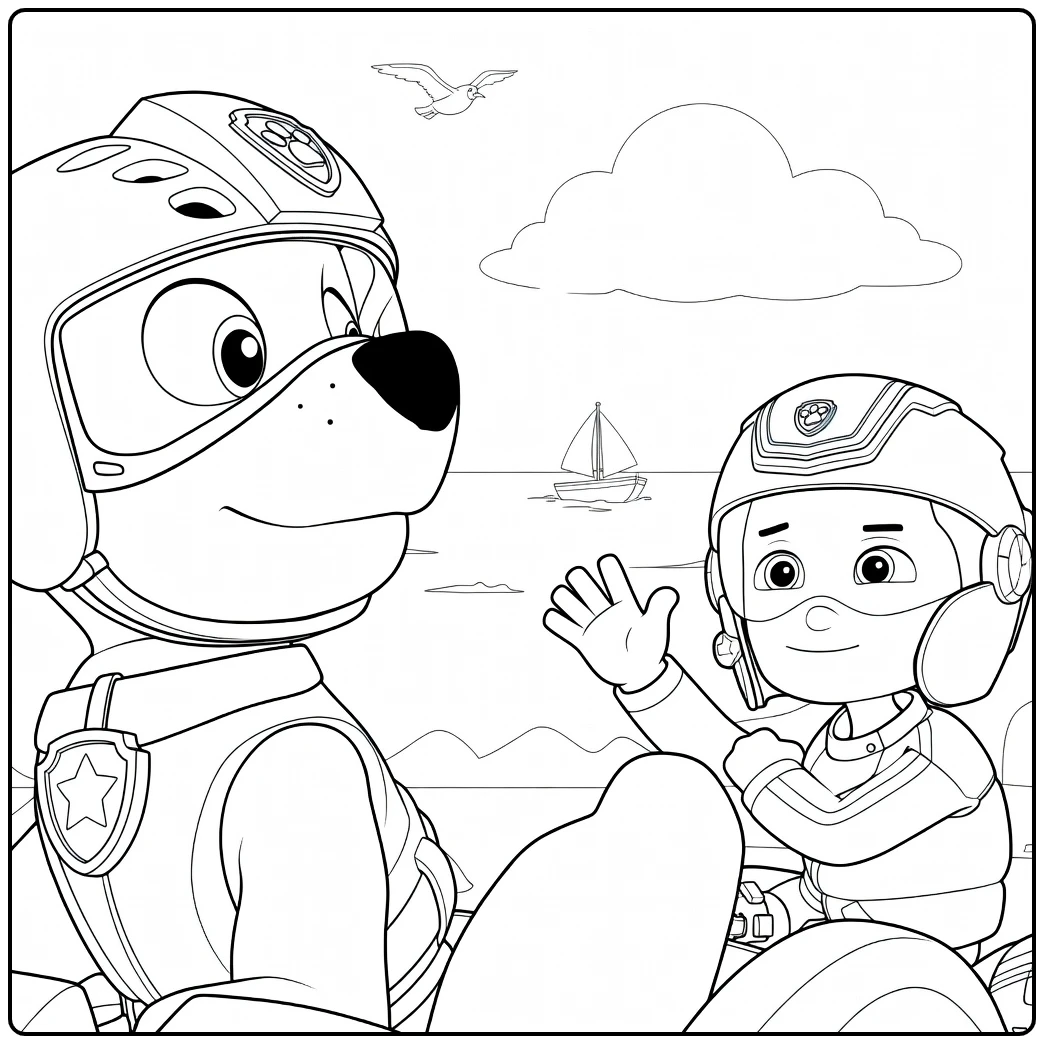 Paw Patrol Season 1 Kleurplaat met een hond links en een jongen rechts die elkaar aankijken.
