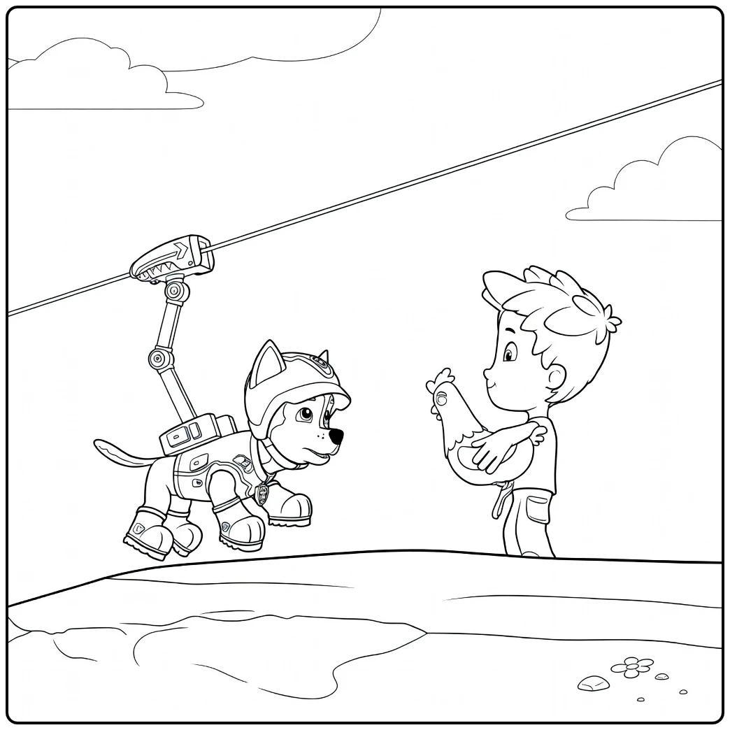Paw Patrol Seizoen 8 Kleurplaat met een hond aan een robotarm tegenover een jongen die een kip vasthoudt