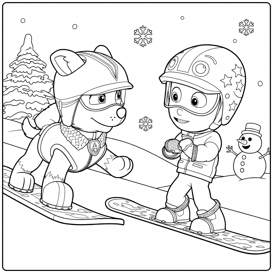 Paw Patrol Seizoen 4 Kleurplaat met een hond en een jongen op snowboards in de sneeuw