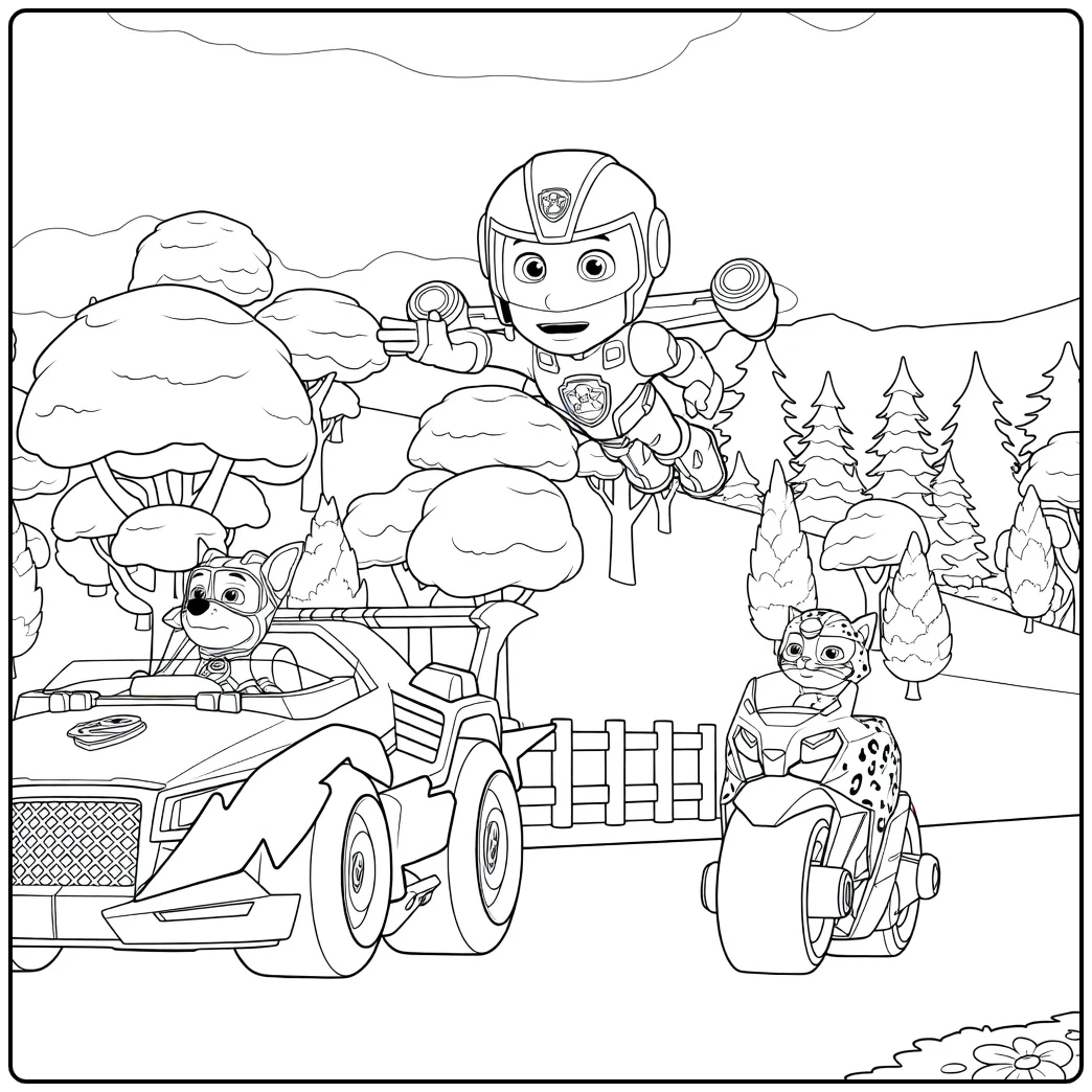 Hond in auto, kat op motorfiets en vliegend kind leo paw patrol kleurplaat