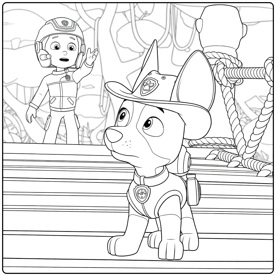 Paw Patrol Seizoen 4 Kleurplaat met een hond die omhoog kijkt en een kind met helm