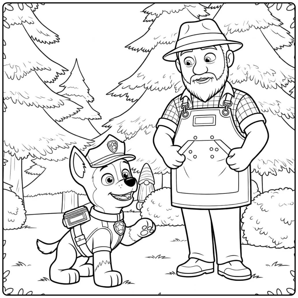 Paw Patrol Seizoen 12 Kleurplaat met een hond in uniform en een bebaarde man tussen dennenbomen