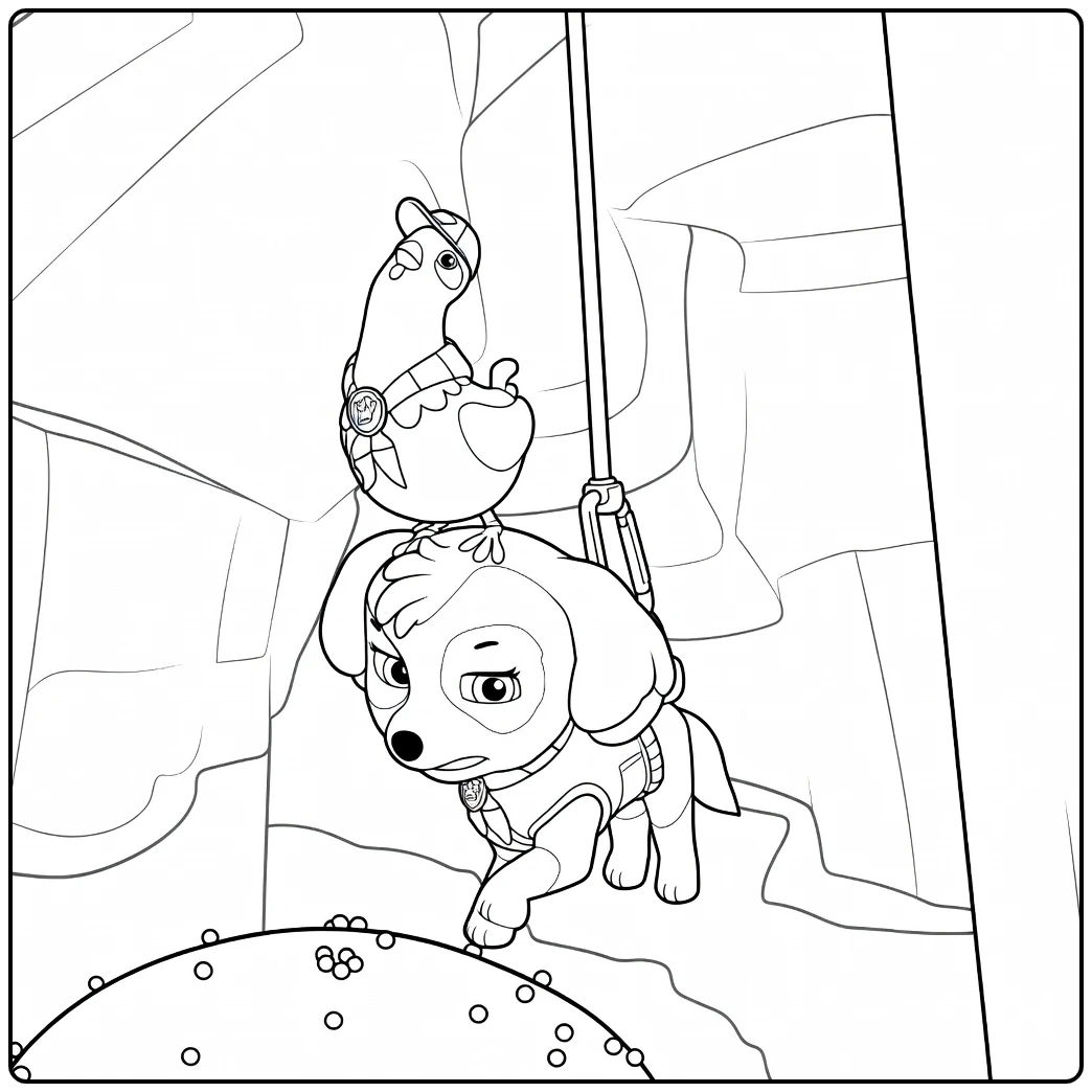 Paw Patrol Season 1 Kleurplaat van een hond die aan een touw hangt met een vogel op zijn kop in een grot