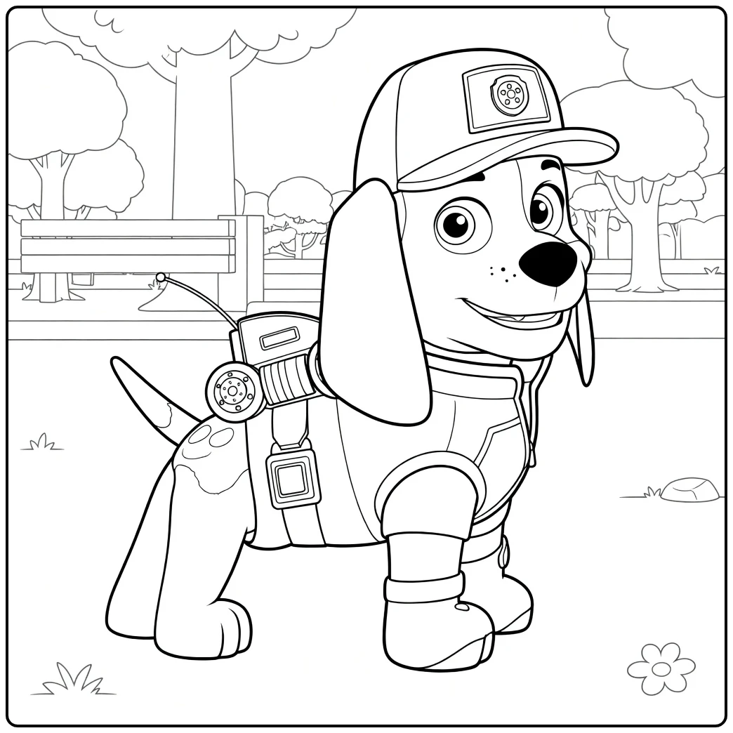 al paw patrol kleurplaat van een antropomorfe hond met lange oren en rugzak in een pak