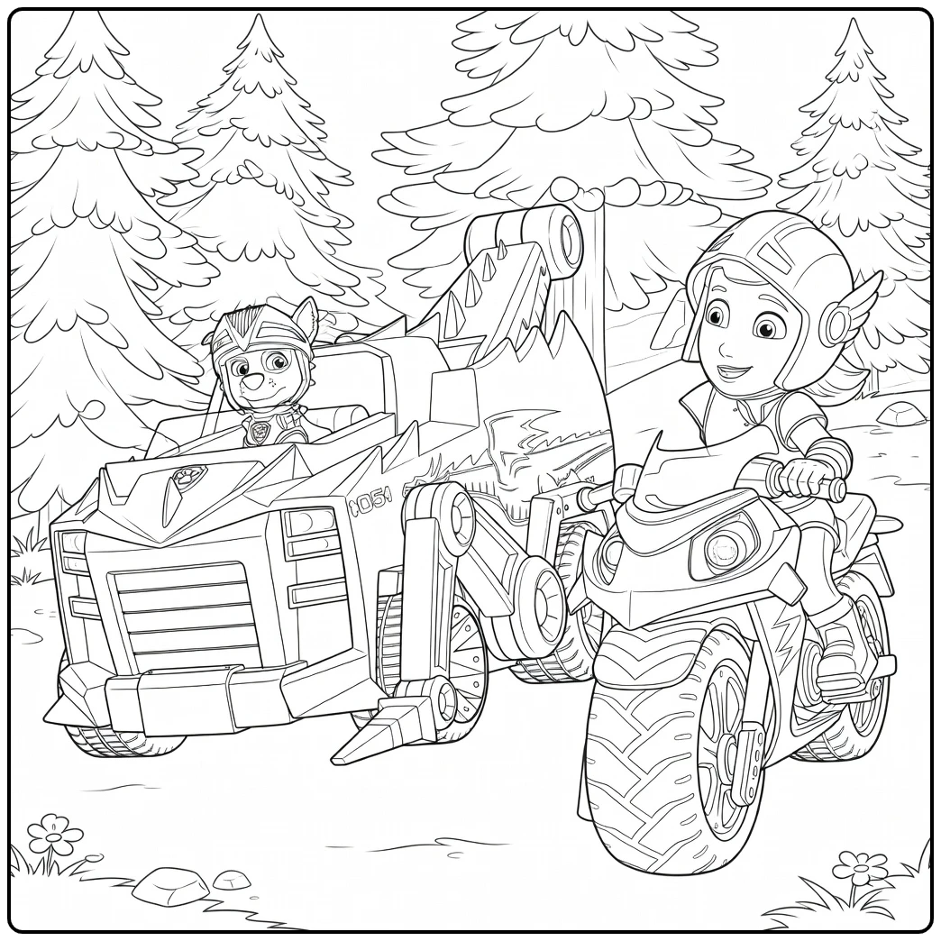 Paw Patrol Seizoen 8 Kleurplaat met een hond in een groene truck en een kind naast een motorfiets