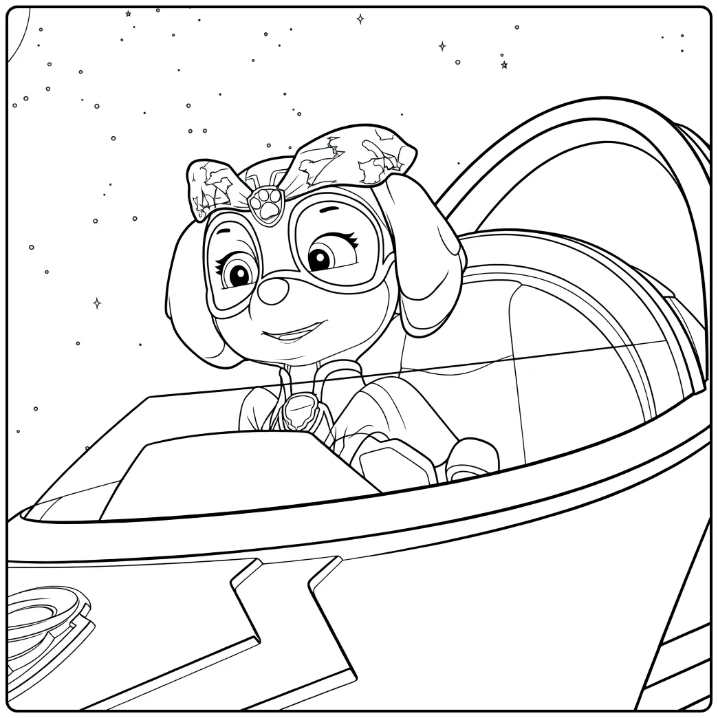 Anthropomorfe hond zittend in voertuigcockpit met strik op het hoofd Paw Patrol Seizoen 6 Kleurplaat
