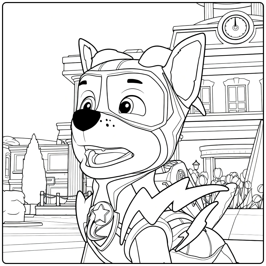 Blauwe hond in gepantserd pak met helm en energie vleugels voor een gebouw met klok Paw Patrol Seizoen 7 Kleurplaat