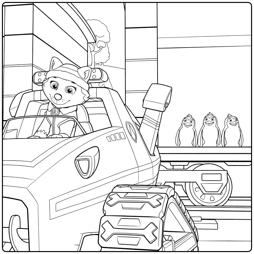 Paw Patrol Seizoen 2 kleurplaat met een hond in een rupsvoertuig en pinguïns op de achtergrond