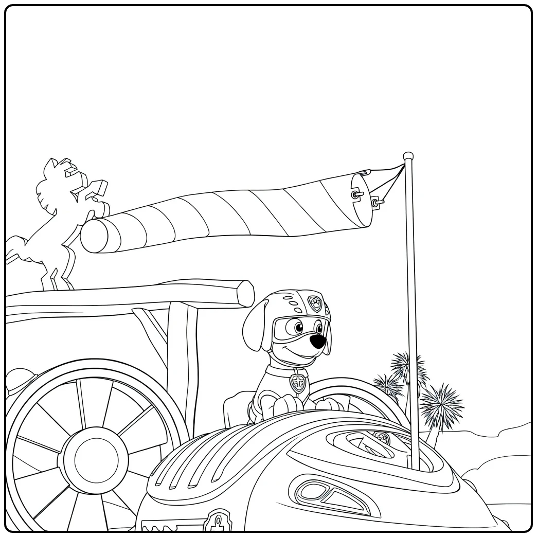 Paw Patrol Seizoen 8 Kleurplaat met een hond in oranje helm achter de stuurknuppel van een voertuig