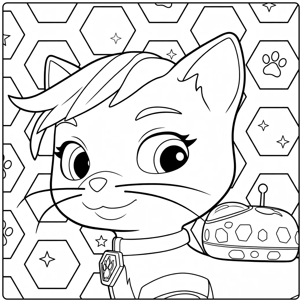 Kleurplaat van een hond met roze kuif, paarse kraag en gadget shade paw patrol kleurplaat
