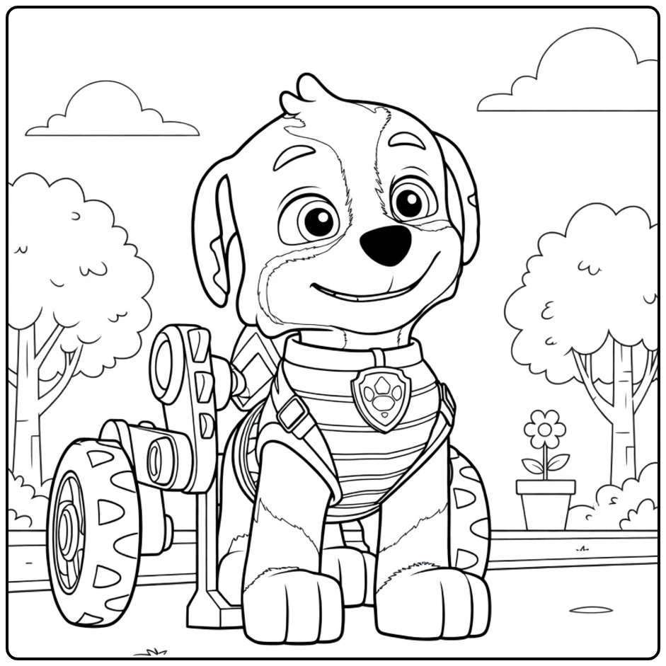 Paw Patrol Seizoen 7 Kleurplaat van een gespikkelde hond met groene vest die zit