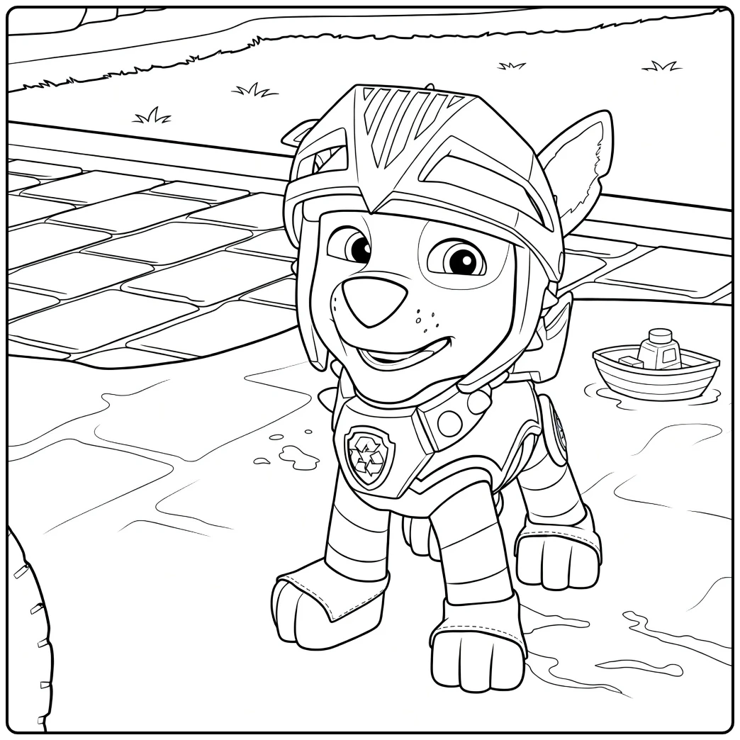 Een hond op vier poten met groene helm en zilvergroen harnas met recyclingembleem Paw Patrol Seizoen 8 Kleurplaat