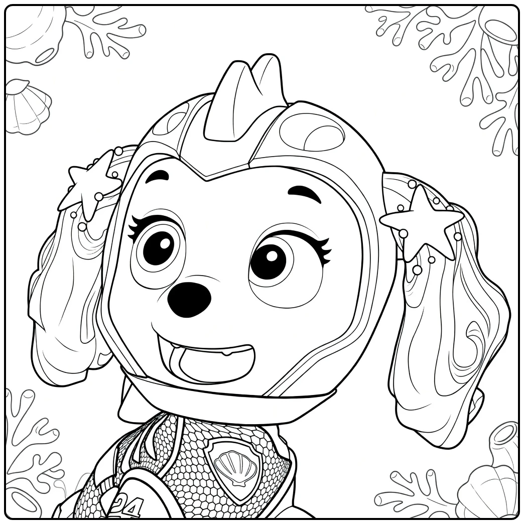 Kleurplaat van een antropomorfe hond met helm en zeesterren op de oren coral paw patrol kleurplaat