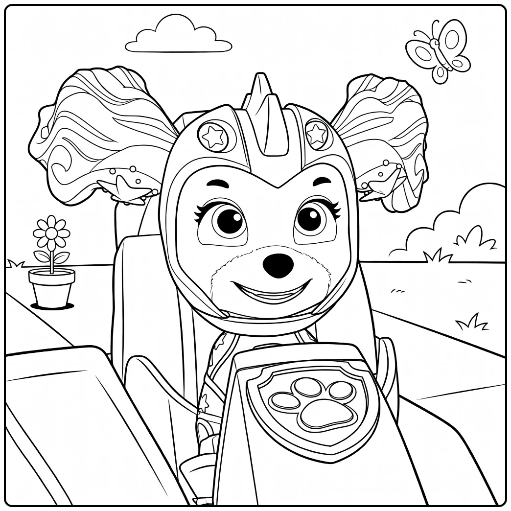 Anthropomorfe hond met paarse helm en roze cyan vlechtjes in cockpit Paw Patrol Seizoen 9 Kleurplaat