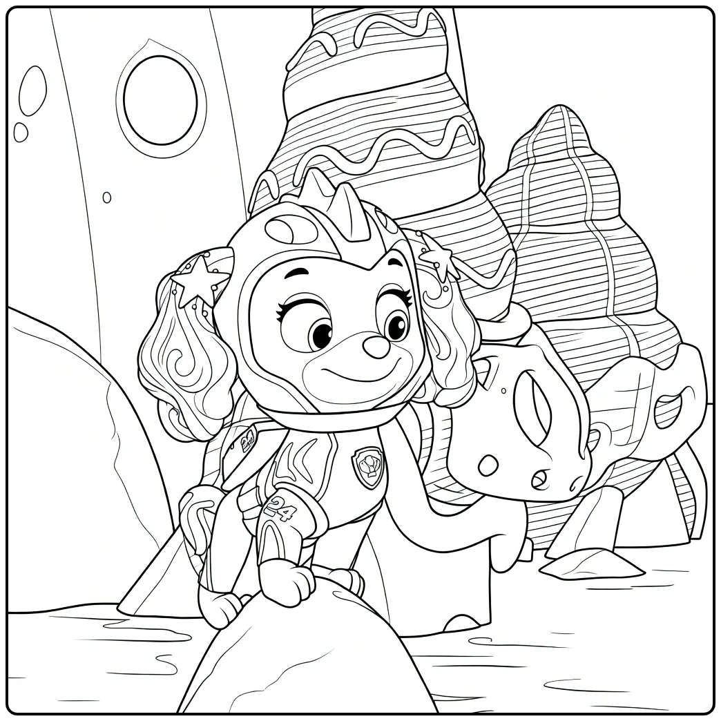 Antropomorfe hond met helm en pak op rots met schelpvormige structuren coral paw patrol kleurplaat