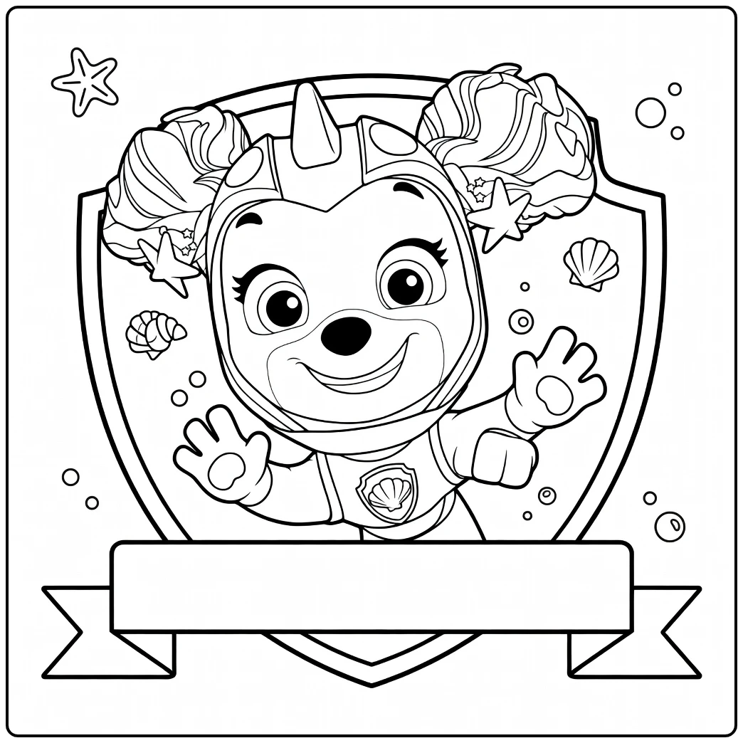 Kleurplaat van een antropomorfe hond in dynamische pose met paarse helm en schild coral paw patrol kleurplaat