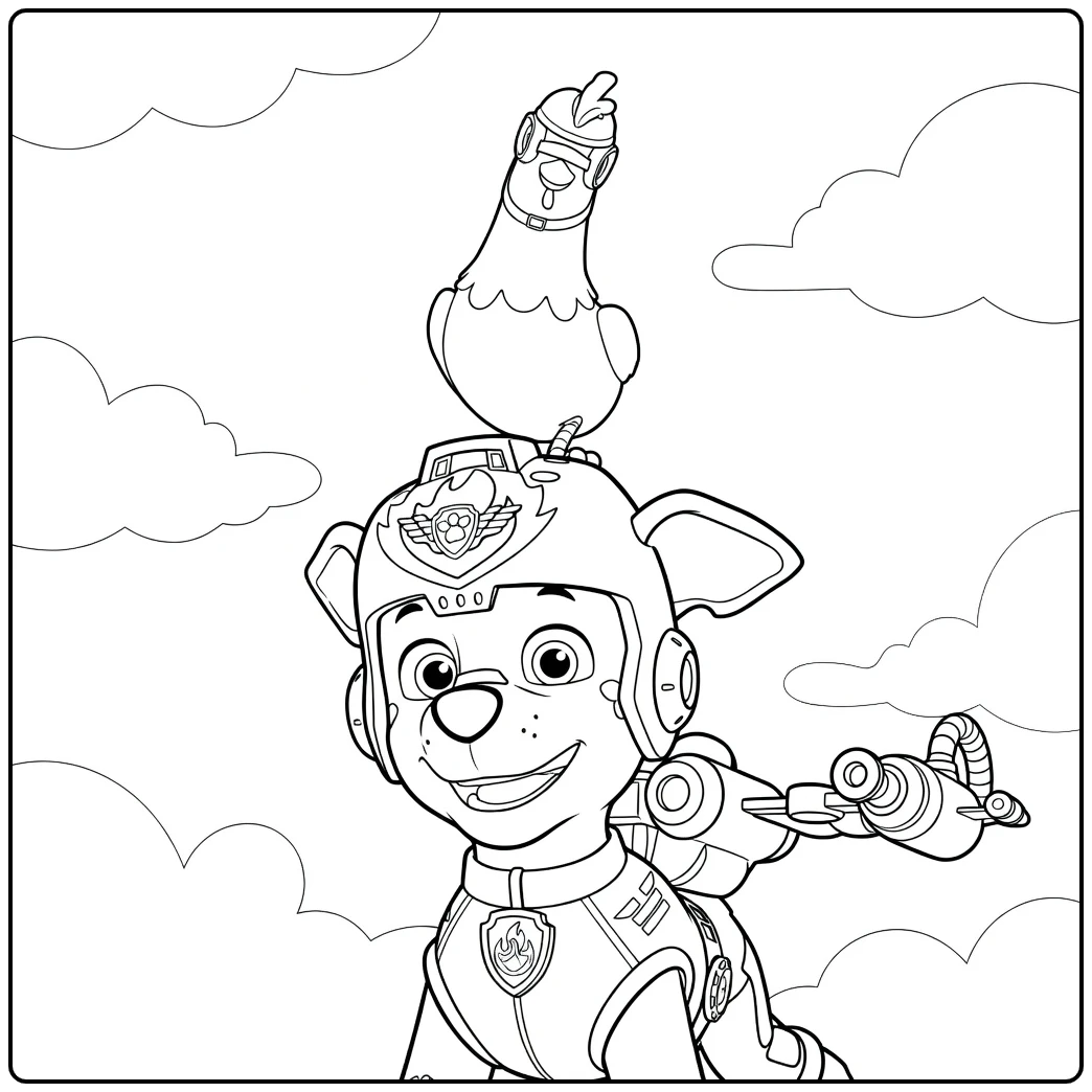 Paw Patrol Seizoen 11 Kleurplaat met een hond die naar voren kijkt en een kip op zijn kop