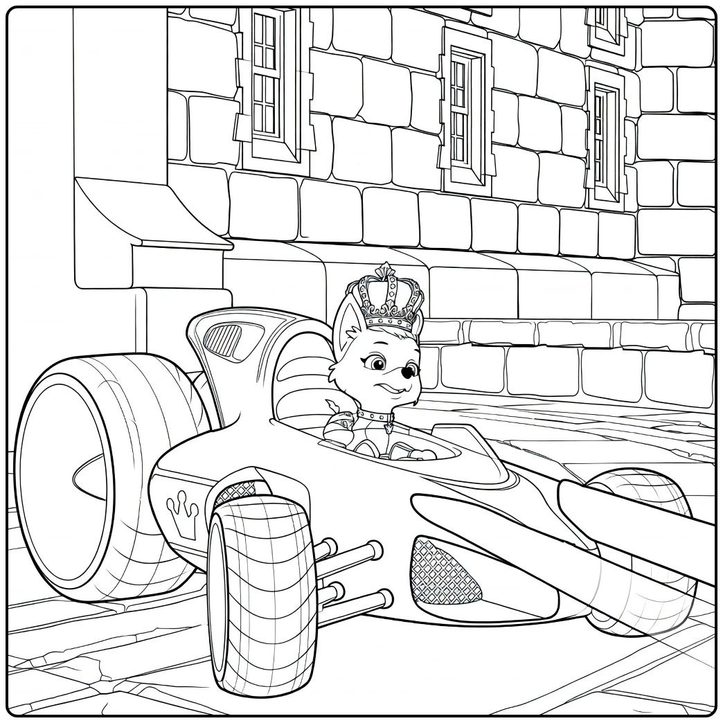Witte antropomorfe hond met kroon rijdend in een paarse raceauto met grote wielen, Paw Patrol Seizoen 4 Kleurplaat
