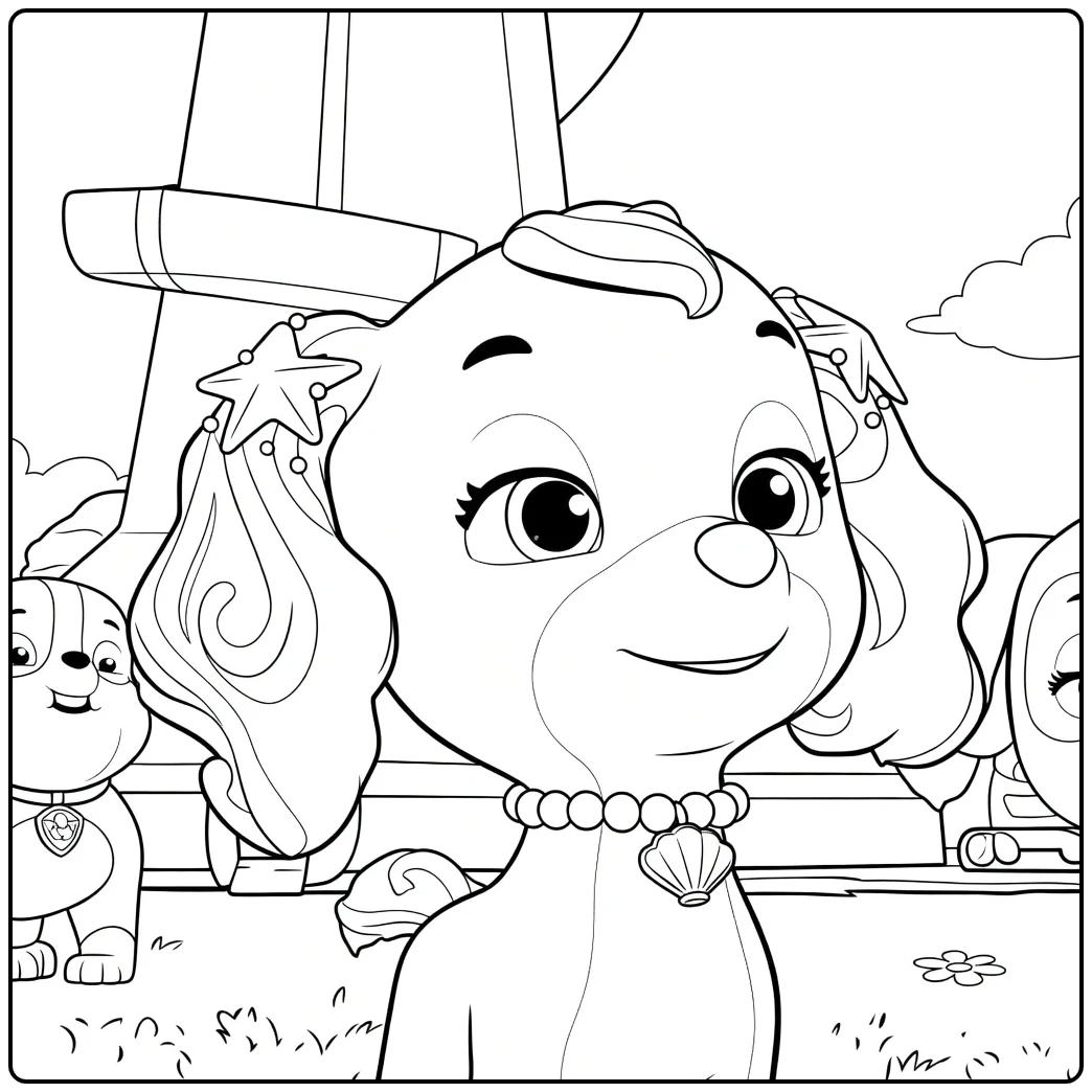 Zittende hond met paarse sterren en schelpenketting coral paw patrol kleurplaat