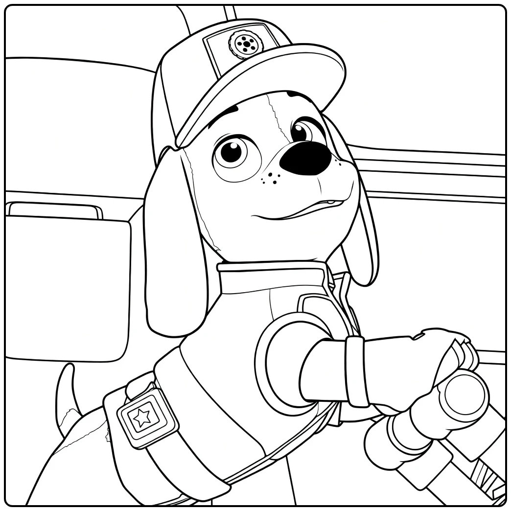 Anthropomorfe hond met bruine oren en rode pet zittend met controllers al paw patrol kleurplaat