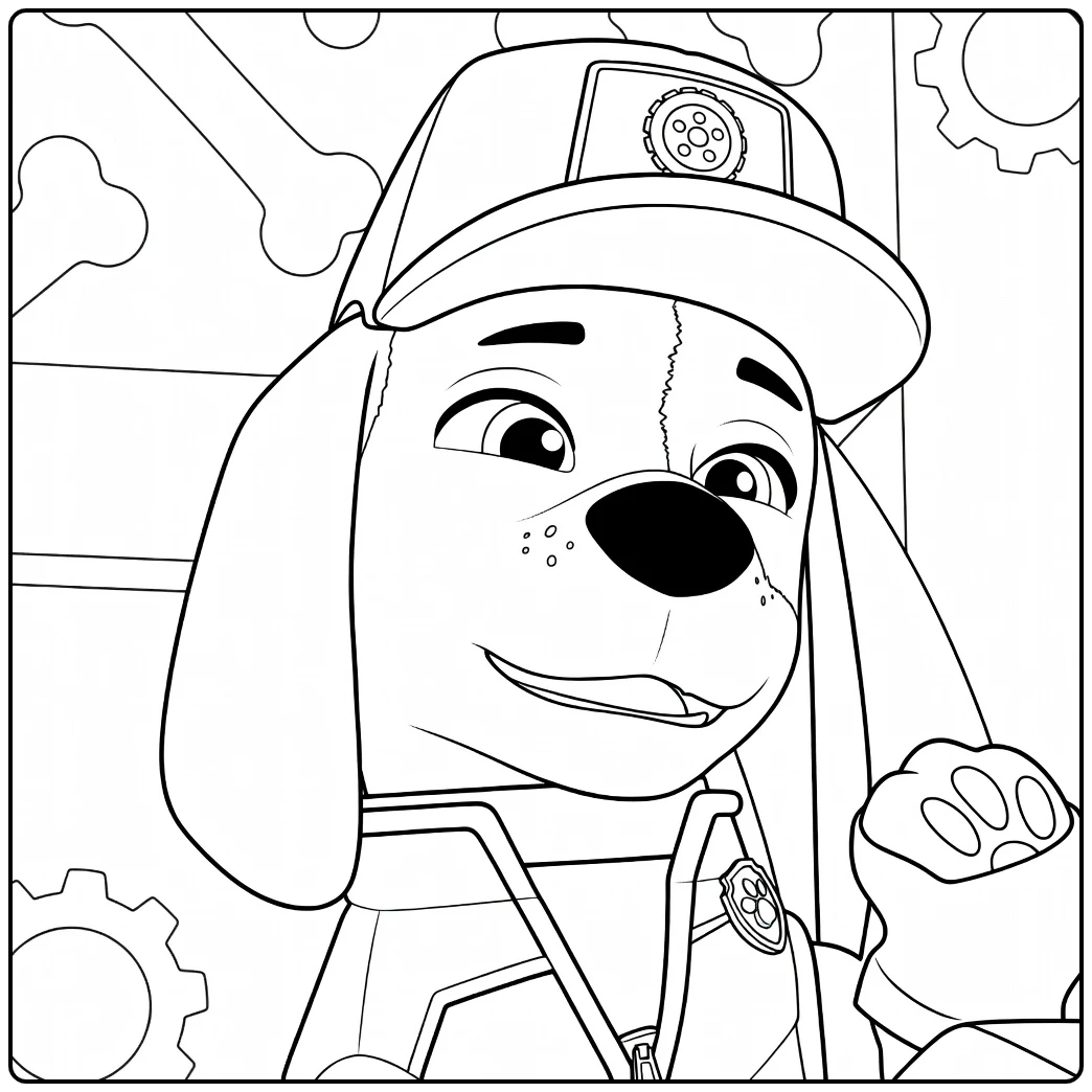 Hond met omhoog gekanteld hoofd, glimlach en opgeheven poot al paw patrol kleurplaat