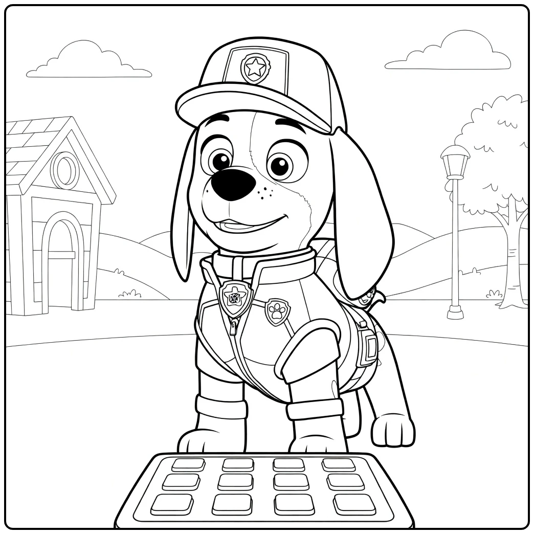 al paw patrol kleurplaat van een hond op vier poten met pet en uniform