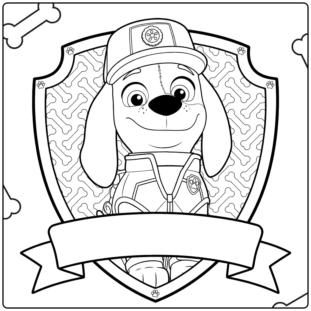al paw patrol kleurplaat met een hond met floppy oren, pet en jas voor een schild met botpatroon
