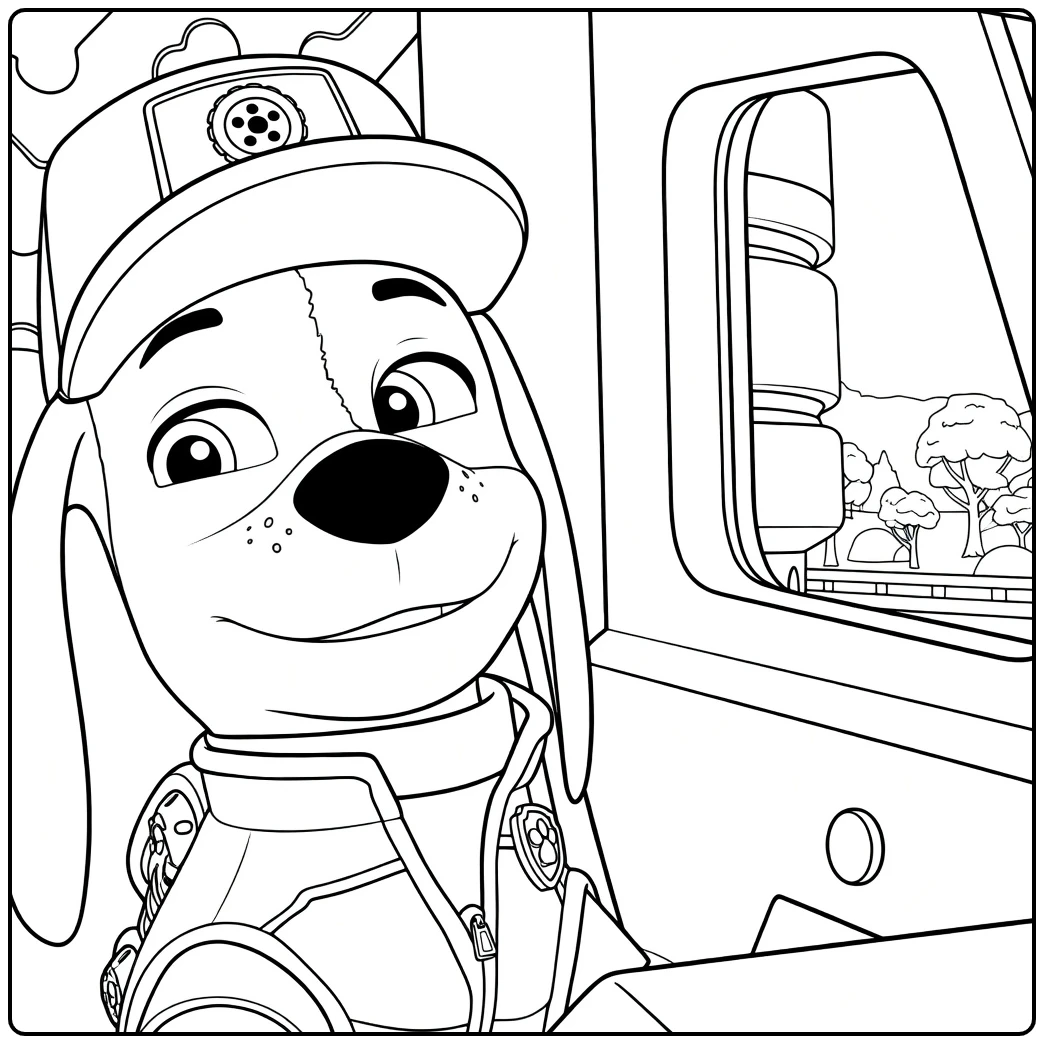 Antropomorfe hond met lange oren en rode pet zittend in voertuig al paw patrol kleurplaat
