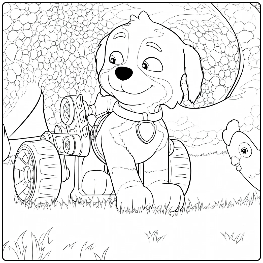Zittende hond met mechanisch apparaat op de rug, grote schubdier en vogel rex paw patrol kleurplaat