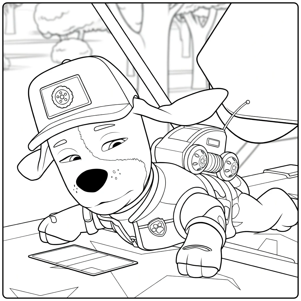 Hond met rode pet en mechanische rugzak liggend al paw patrol kleurplaat
