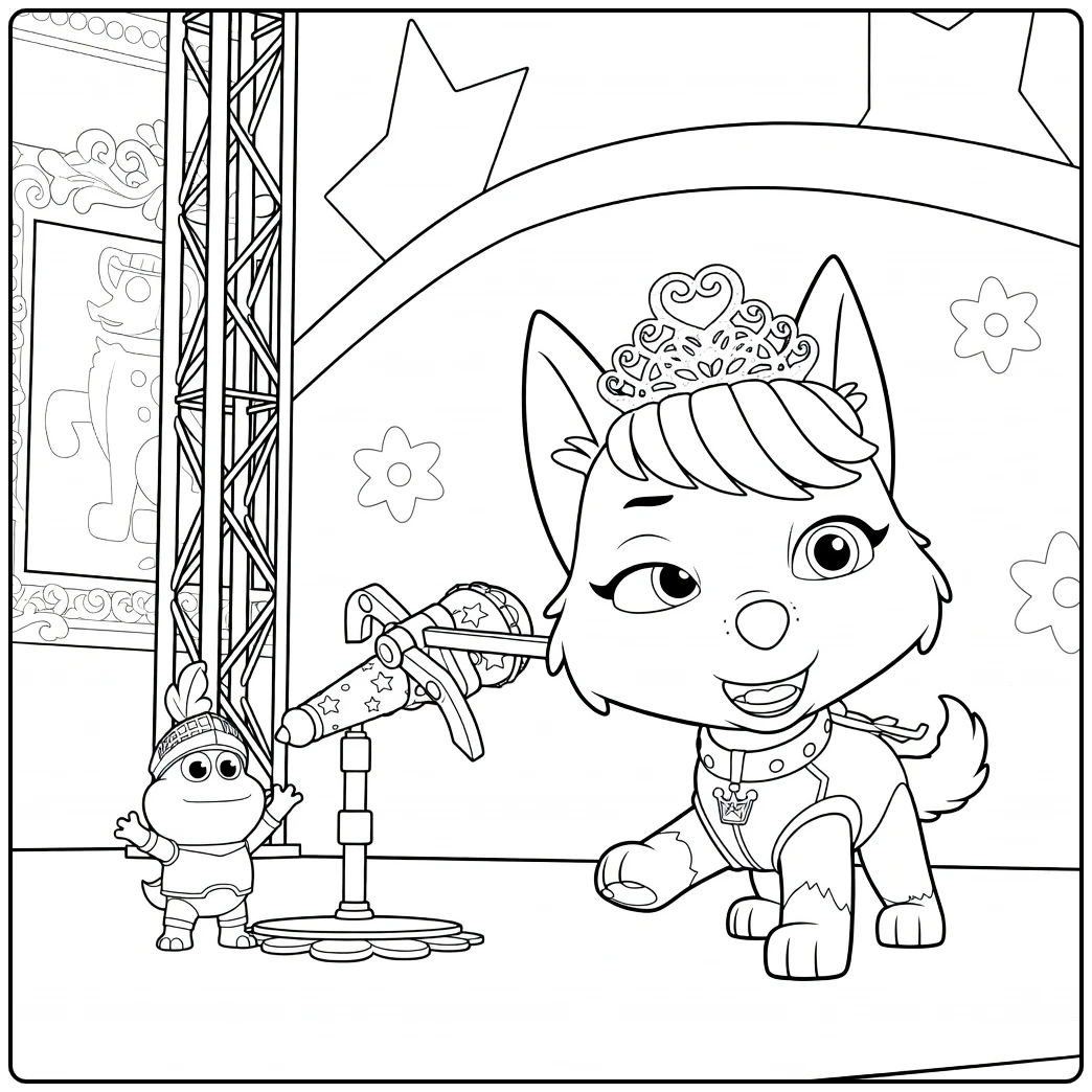 Paw Patrol Seizoen 11 Kleurplaat van een knipogende hond met tiara op het podium naast een kikker in harnas