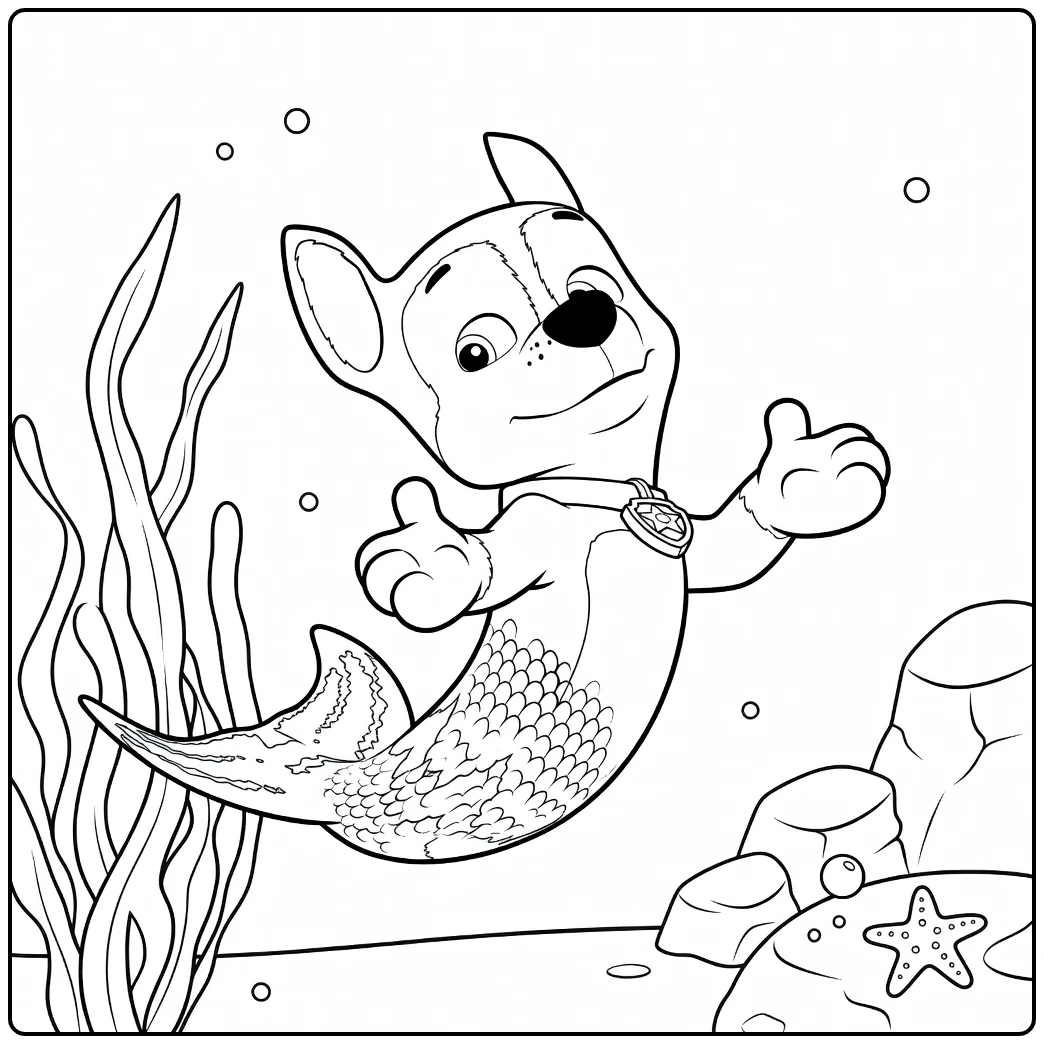 Paw Patrol Seizoen 4 Kleurplaat met een hond zeemeermin die drijft met uitgestrekte poot en zeewier op de achtergrond