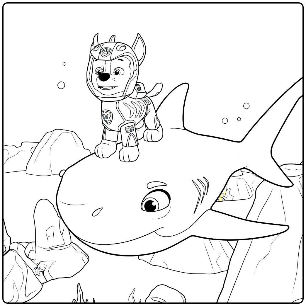 Paw Patrol Seizoen 9 Kleurplaat met een hond in helm staand op een cartoonhaai