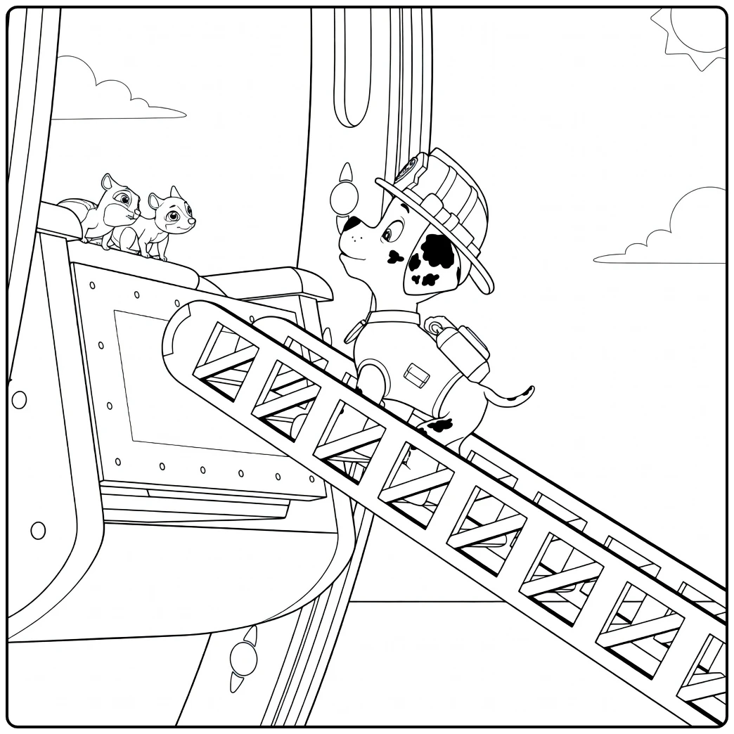Gevlekte hond in helm op ladder met knaagdieren Paw Patrol Seizoen 9 Kleurplaat