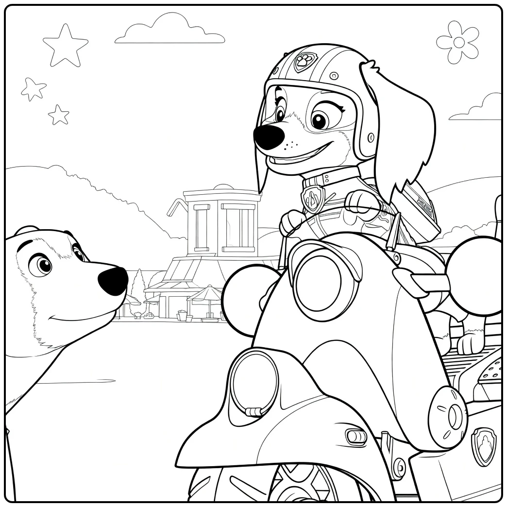 Paw Patrol Seizoen 9 Kleurplaat met een hond op een motorfiets en een beer die omhoog kijkt.