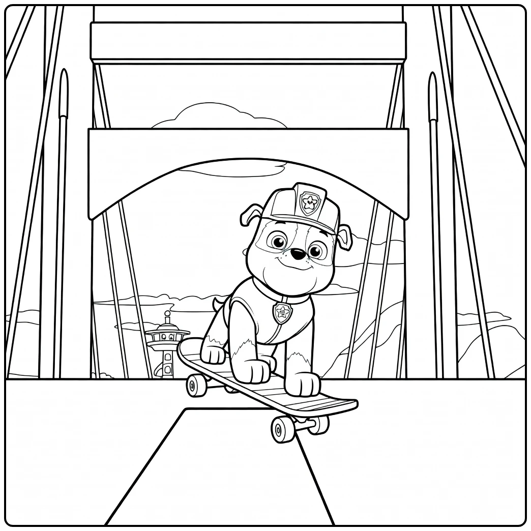 Anthropomorfe hond op skateboard met pet onder brugstructuur Paw Patrol Season 1 Kleurplaat