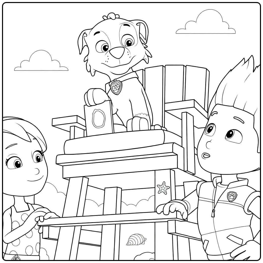 Paw Patrol Season 1 Kleurplaat van een hond die op een stoel zit met een bord, een jongen en een meisje kijken toe