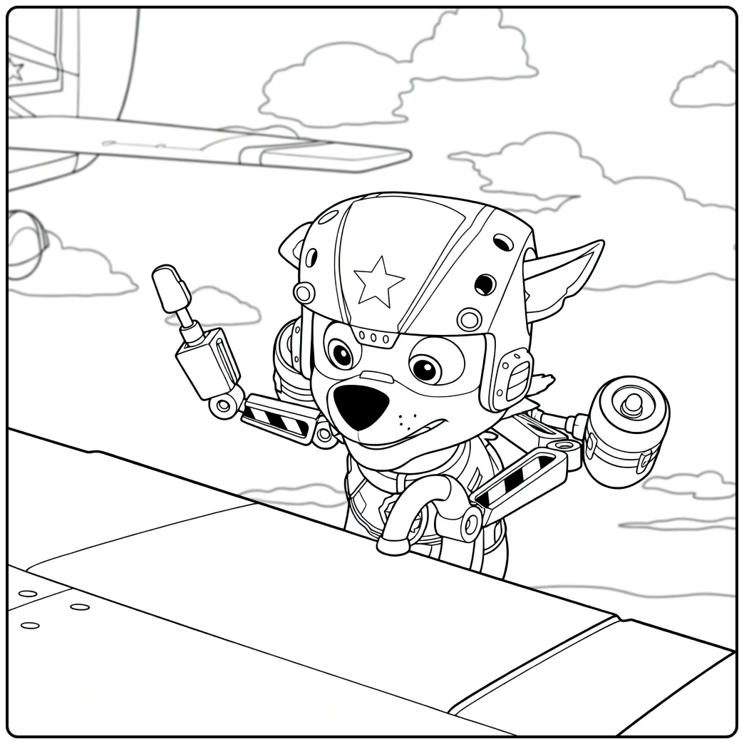 Antropomorfe grijze hond leunend op vliegtuigvleugel met tool Paw Patrol Seizoen 3 Kleurplaat