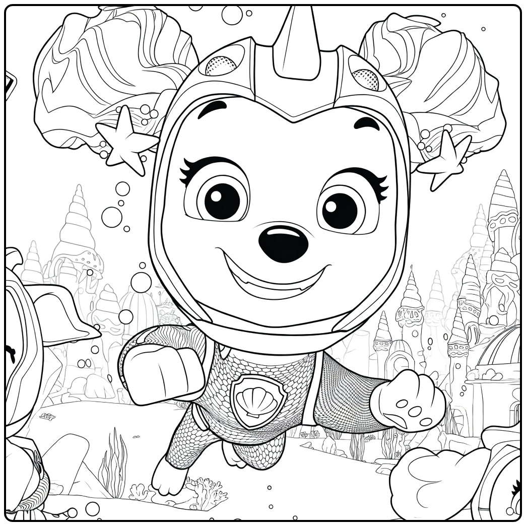 coral paw patrol kleurplaat met een hond die vooruit zwemt met uitgestrekte armen tussen bubbels en koraal