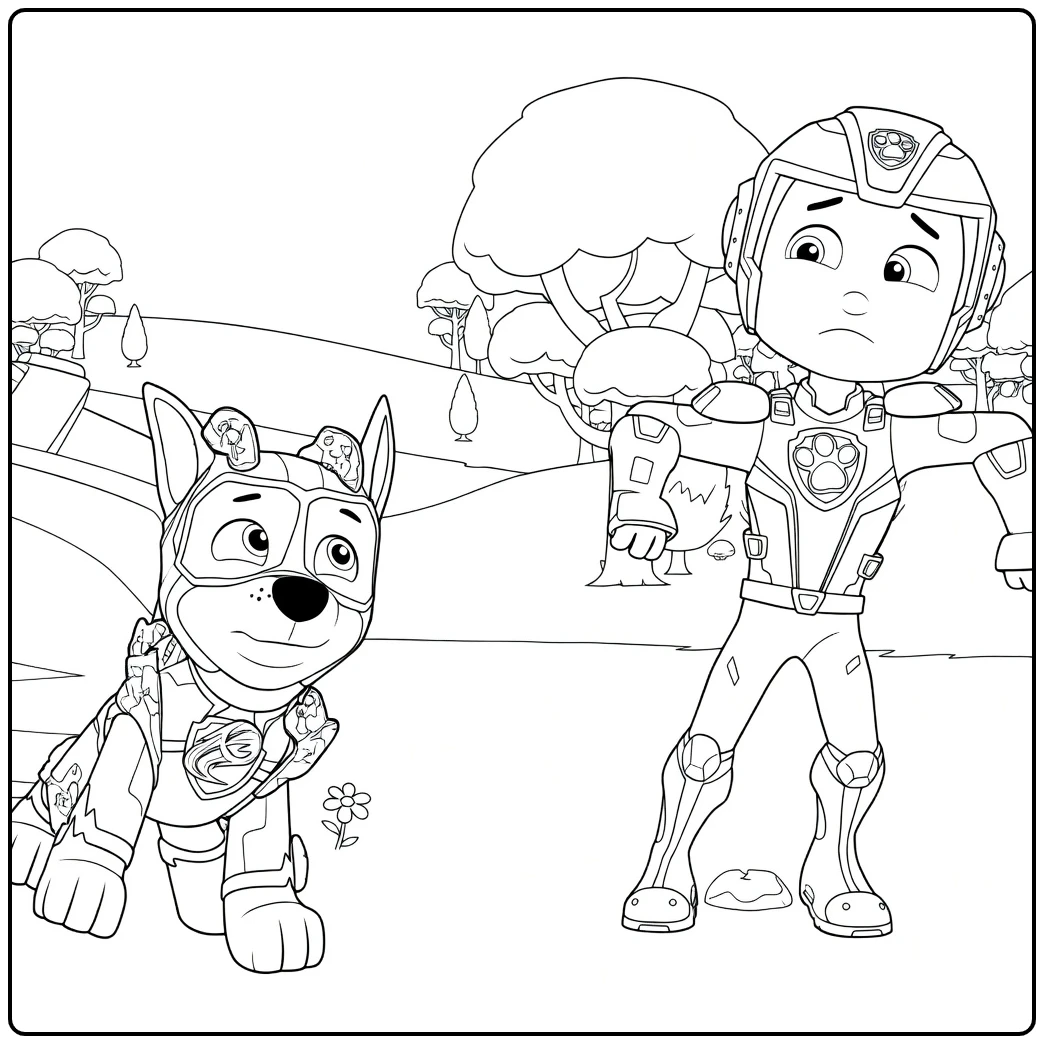 Paw Patrol Seizoen 6 Kleurplaat met een hondachtig wezen op vier poten en een kind met uitgestrekte armen in harnassen