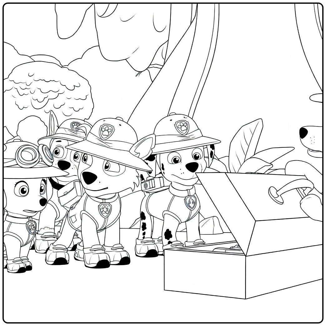 Paw Patrol Seizoen 10 Kleurplaat met honden rond een open gereedschapskist bij een boomstam